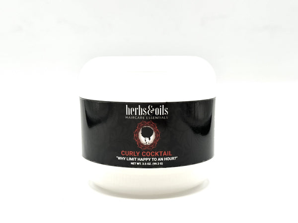 Curly Cocktail Conditioning Curl Cream. Picture is the front of the jar that shows the product information and the logo,  